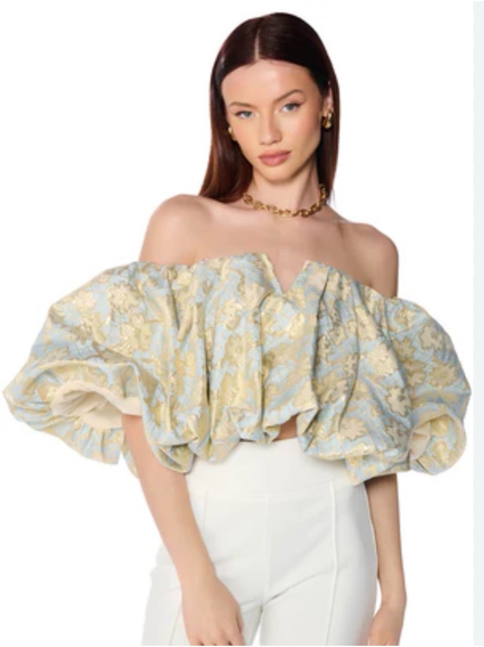 AKIRA Light Blue and Gold Off-Shoulder Ruffled Crop Top. Rave top